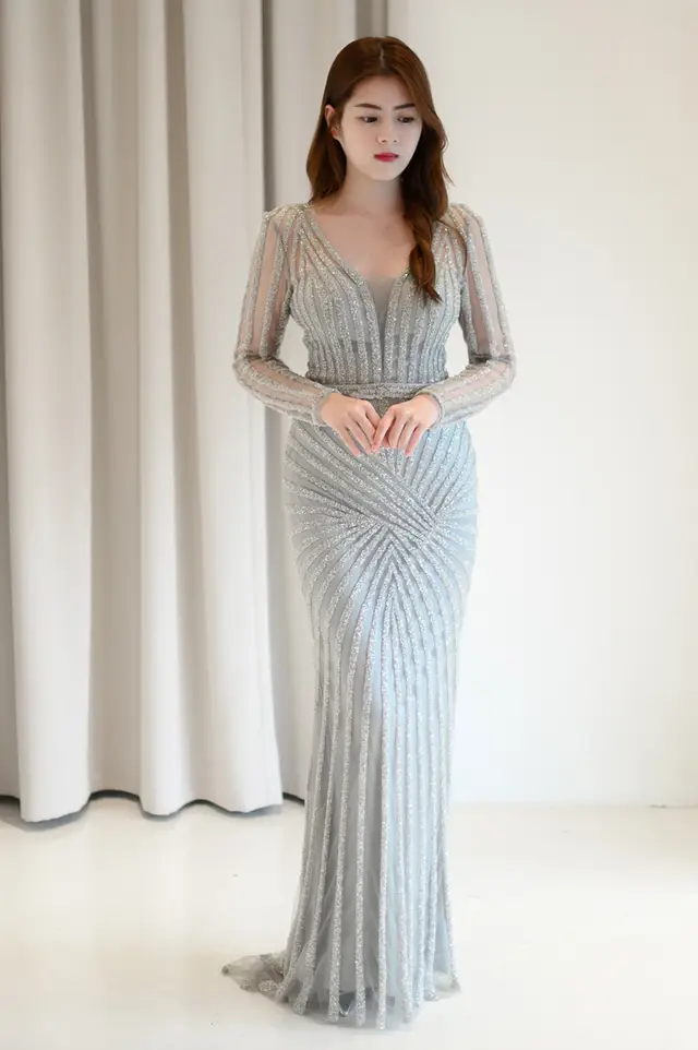 Women's Mother of Bride Gown with Beaded Embellishment and Embroidery for Formal Wedding