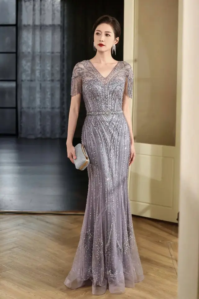 Women's Jamin Purple Beaded Mother of Bride Gown for Formal Wedding