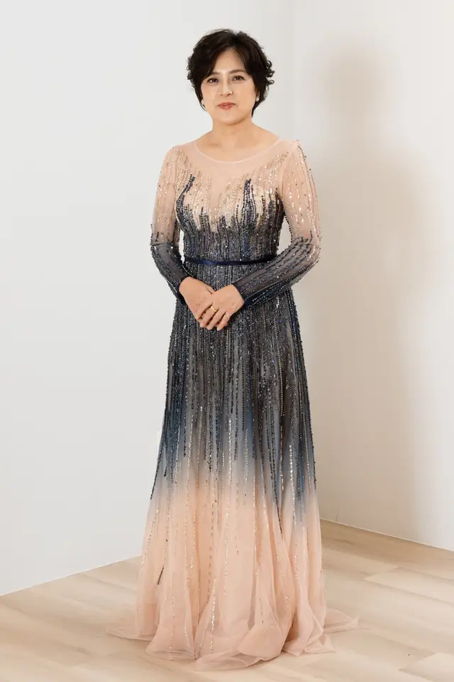 Women's Rene Blue Ombre Beaded Long Mother of Bride Gown for Formal Wedding