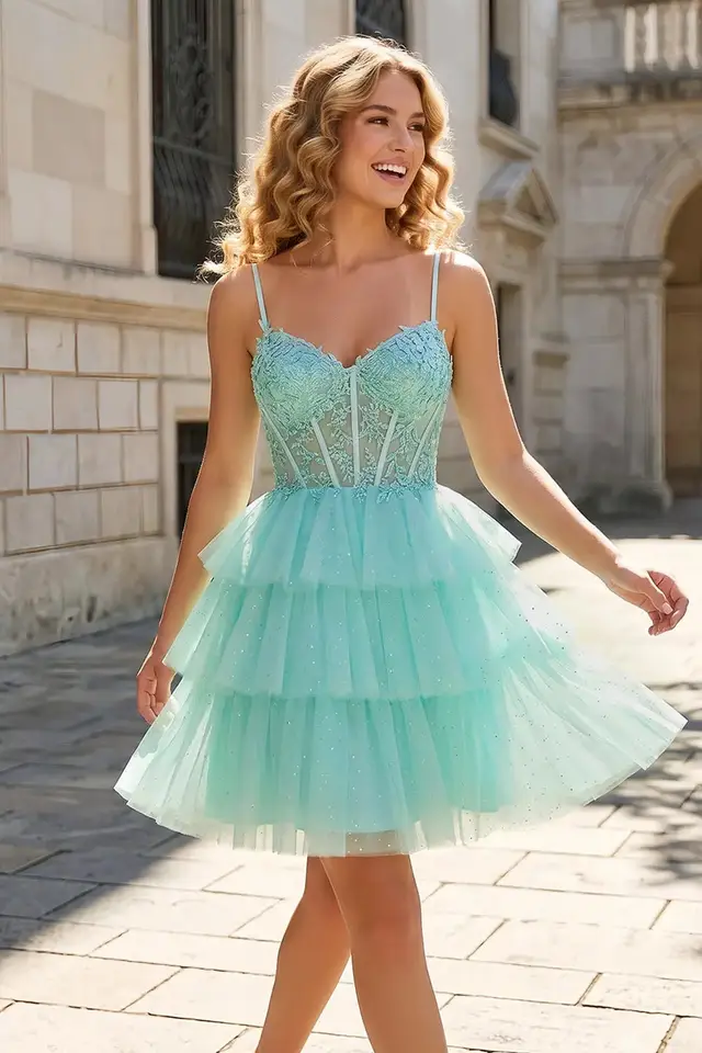 Women's Sweetheart Spaghetti Strap Lace Prom Dress with Open Back Short Length for Prom & Homecoming — LV48434986
