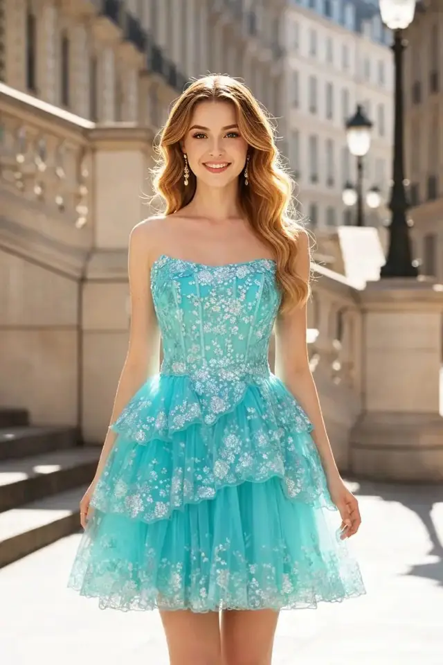 Women's Sweetheart Sleeveless Lace Prom Dress with Floral Details and Lace-Up Back Short Length for Prom & Homecoming