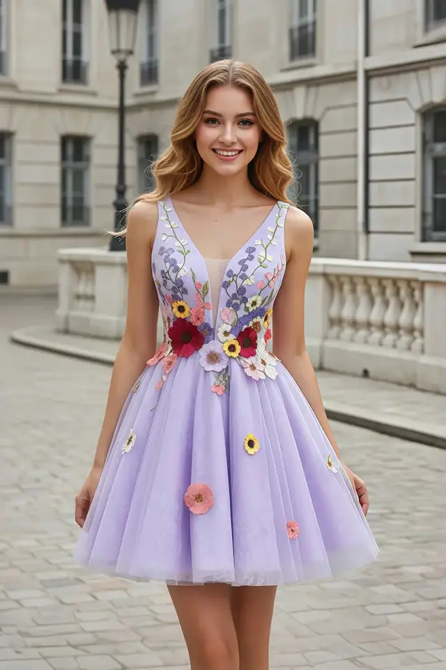 Women's V-Neck Sleeveless Lace Prom Dress with Floral Details and Lace-Up Back Short Length for Prom & Homecoming — LV91024170