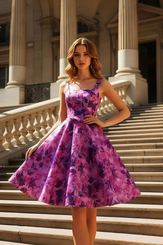 Women's Square Neck Sleeveless Satin Prom Dress with Floral Details and Open Back Midi Length for Prom & Homecoming
