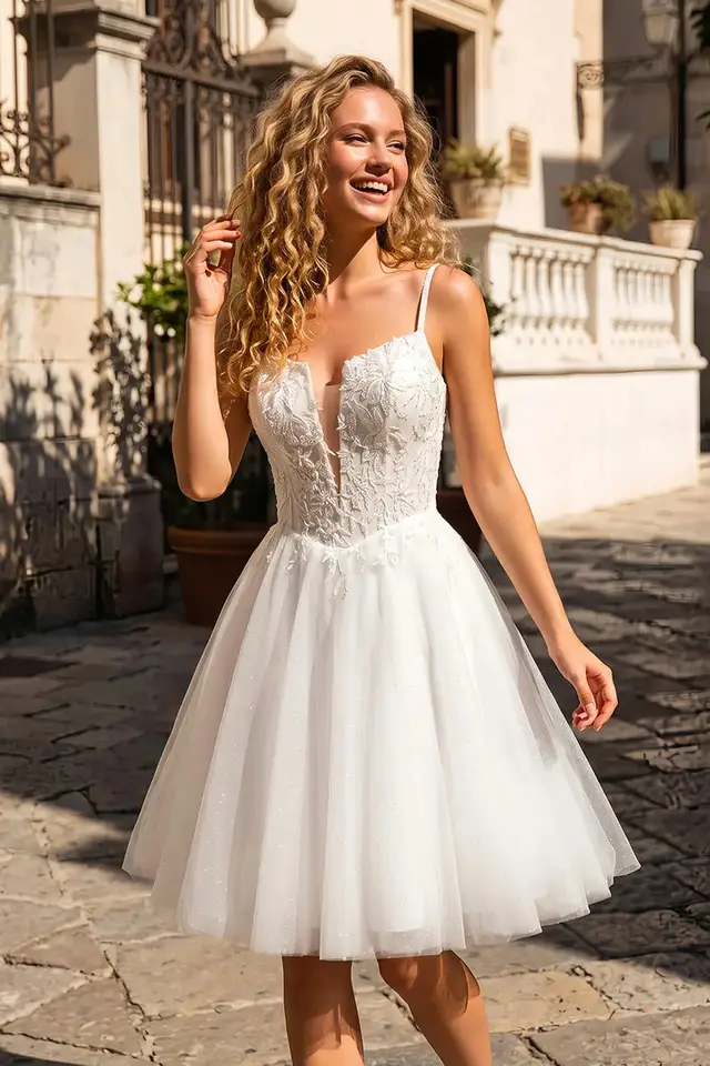 Women's Sweetheart Spaghetti Strap Lace Prom Dress with Open Back Short Length for Prom & Homecoming — LV42602282