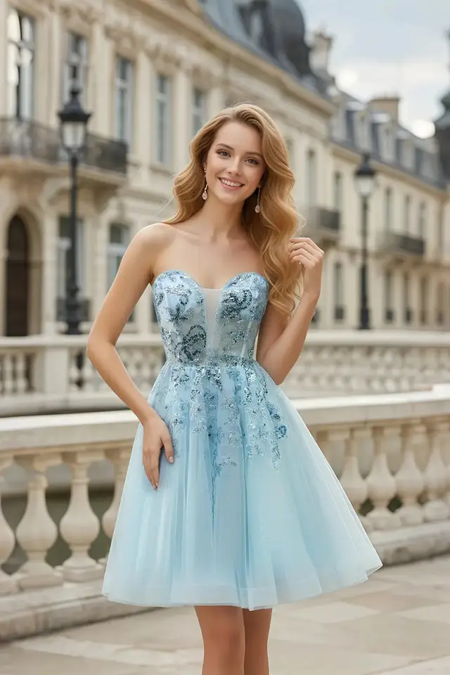 Women's Sweetheart Sleeveless Tulle Prom Dress with Sequined Tea Length for Prom & Homecoming