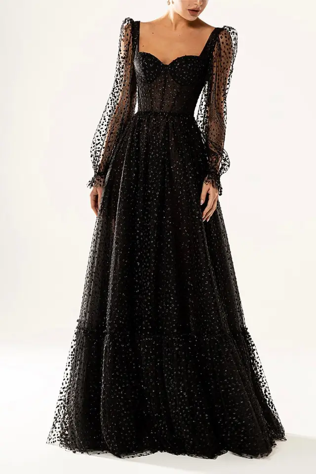 Women's Black Long Sleeve Wedding Guest Dress for Formal Events