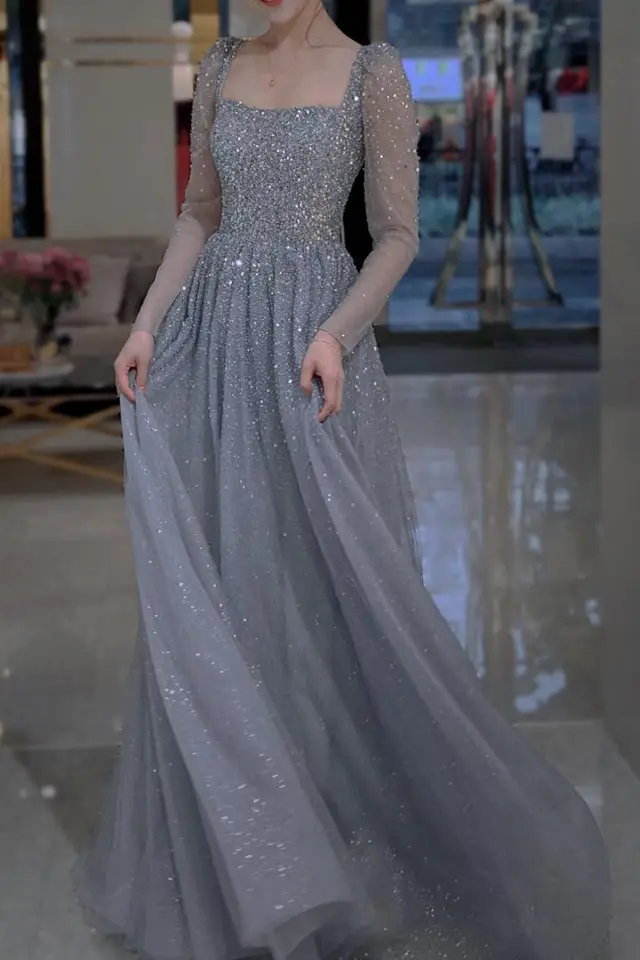 Women's Aegean Blue Long Sleeve Wedding Guest Dress for Formal Events
