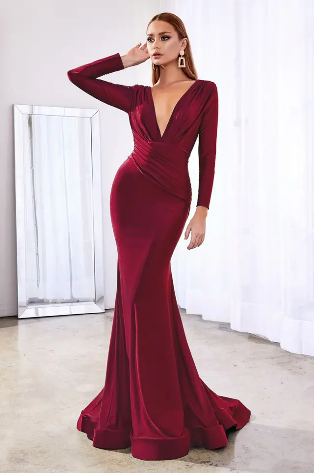Women's Penelope Satin Long Sleeve Burgundy Wedding Guest Dress for Formal Events