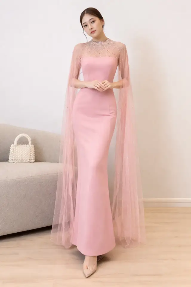 Women's Georgia Navy Cape Wedding Guest Dress for Formal Events