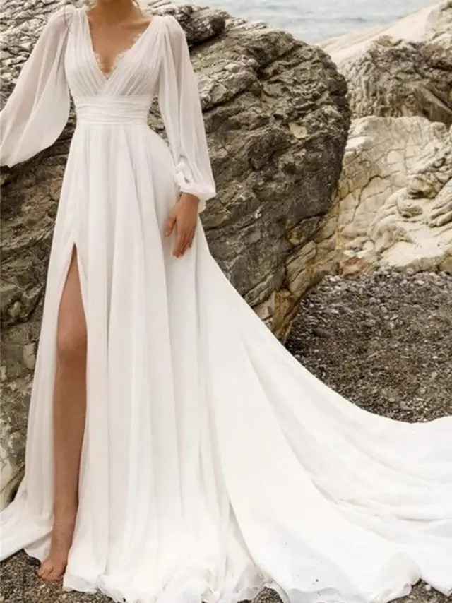 V-Neck Chiffon A-Line Floor-Length Wedding Dress — LV35259189