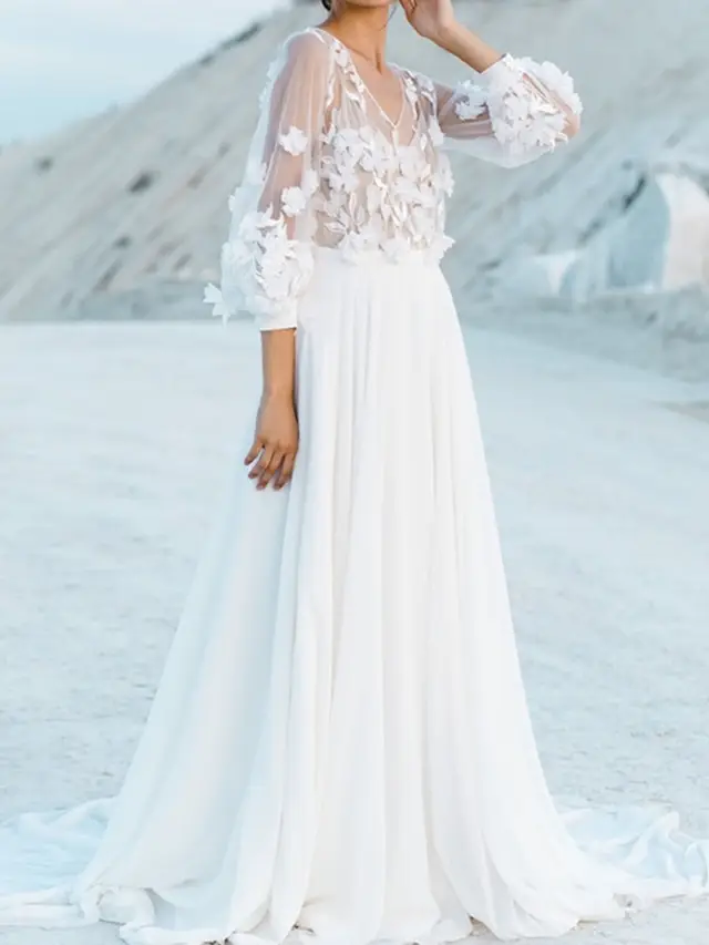 V-Neck Chiffon A-Line Floor-Length Wedding Dress — LV49347637