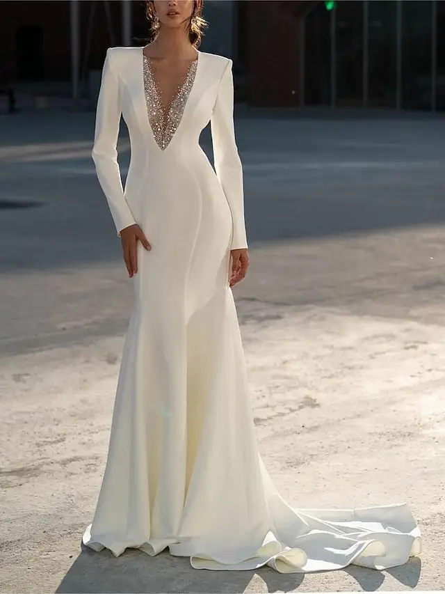 V-Neck Long Sleeve Satin Mermaid Wedding Dress — LV09656373