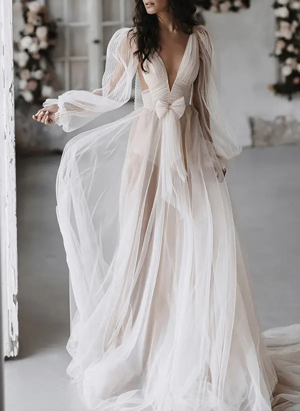 V-Neck Tulle A-Line Floor-Length Wedding Dress — LV45911093