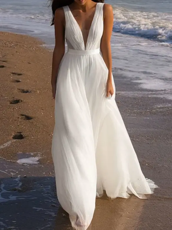 V-Neck Tulle A-Line Floor-Length Wedding Dress — LV89671477