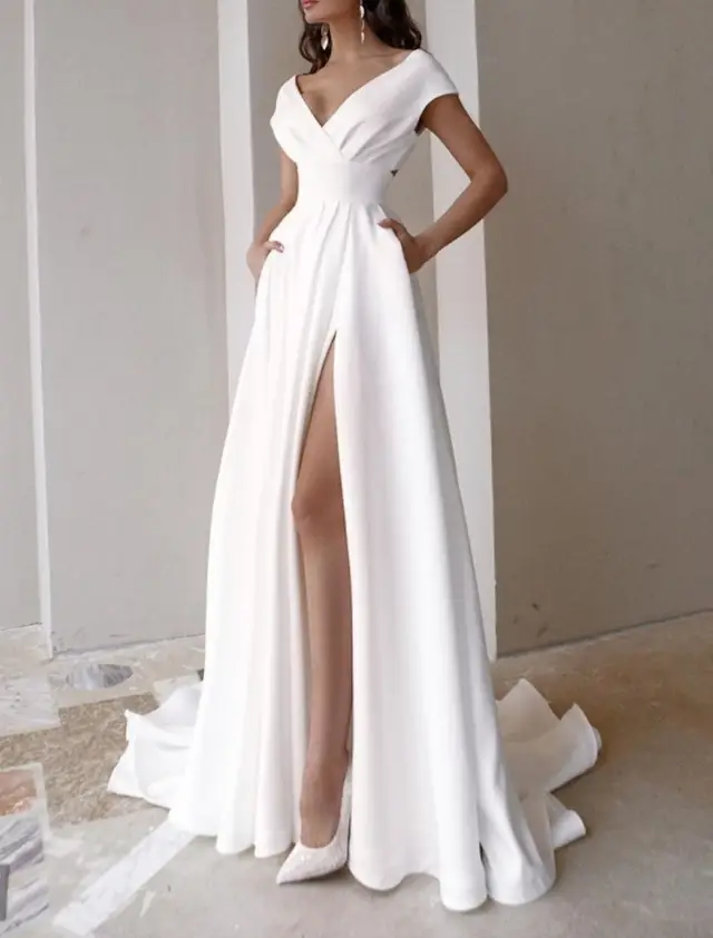 V-Neck Cap Sleeve A-Line Wedding Dress — LV52241205