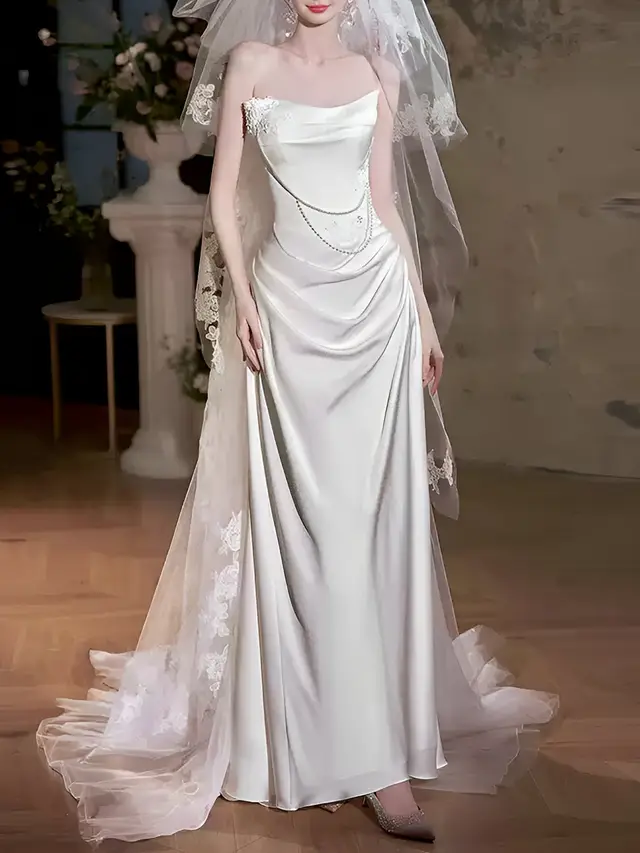 Strapless Sleeveless Satin Mermaid Wedding Dress — LV63777333
