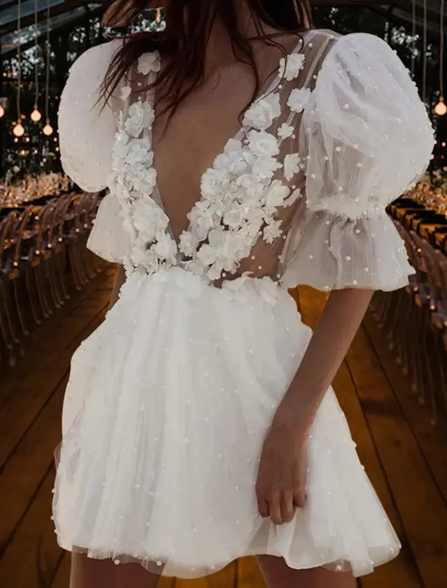 V-Neck Tulle A-Line Mini Wedding Dress — LV17114933