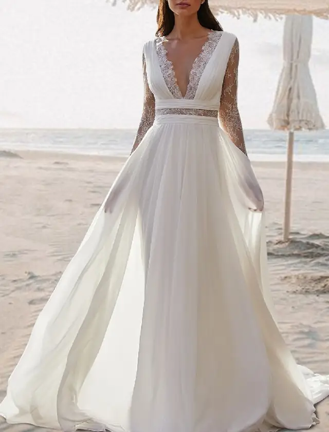 V-Neck Chiffon A-Line Floor-Length Wedding Dress — LV14985013