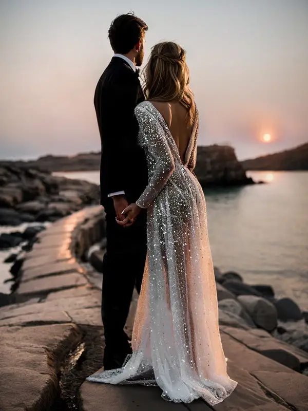 V-Neck Long Sleeve A-Line Floor-Length Wedding Dress — LV68871733