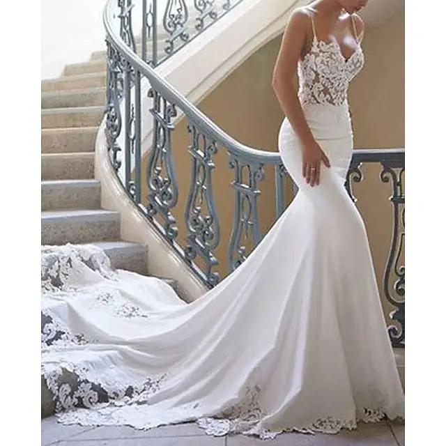 V-Neck Silk Satin Mermaid Floor-Length Wedding Dress — LV17737525