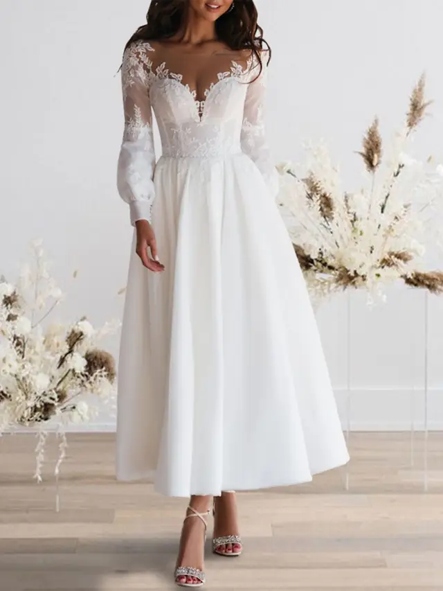 Sweetheart Long Sleeve Lace A-Line Wedding Dress — LV66082613