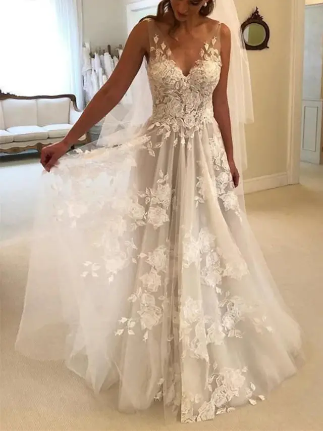 V-Neck Tulle A-Line Wedding Dress — LV67077941
