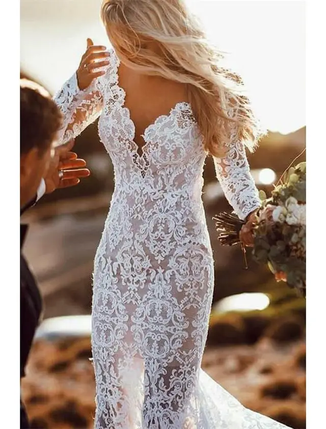 V-Neck Long Sleeve Lace Mermaid Wedding Dress — LV26985013